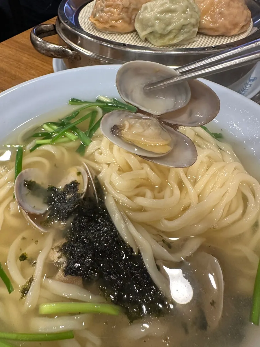 칼국수 면을 젓가락으로 들어 올린 모습