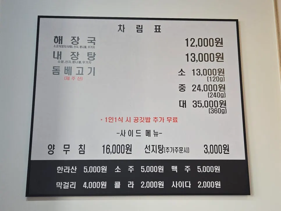 Menu board listing hangover soup, tripe soup, and dombe pork