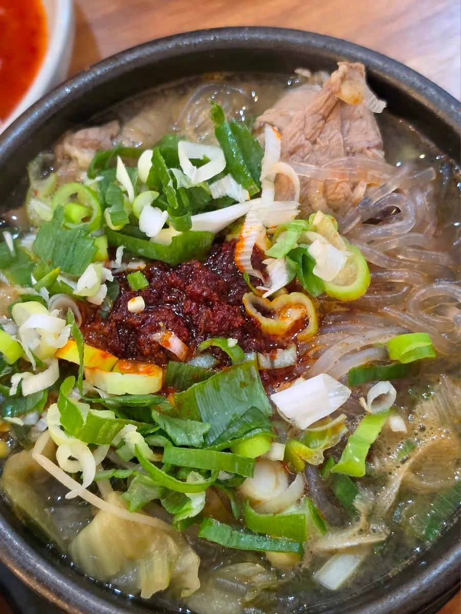 Chili paste and glass noodles revealed under the scallions