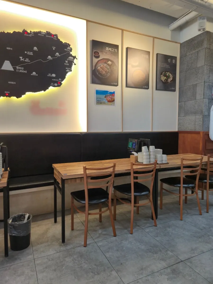 Spacious dining hall seating with large tables
