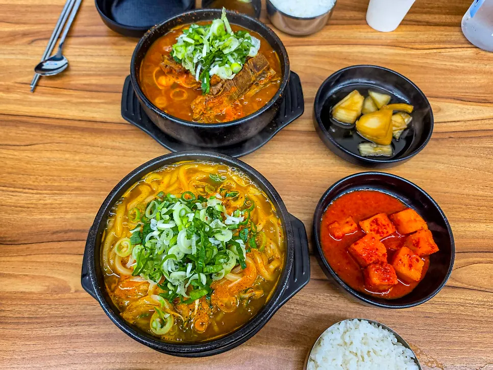 Two bowls: mild pork bone udon soup and spicy pork bone soup