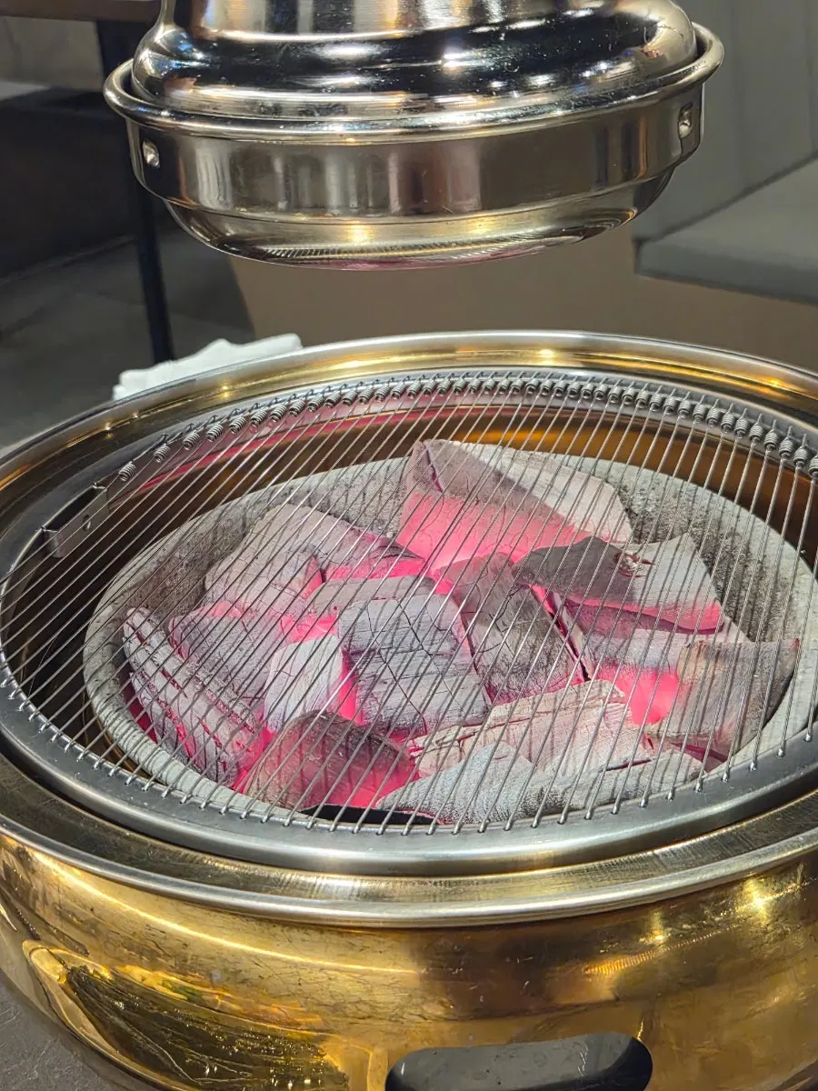 Charcoal placed on the tabletop grill