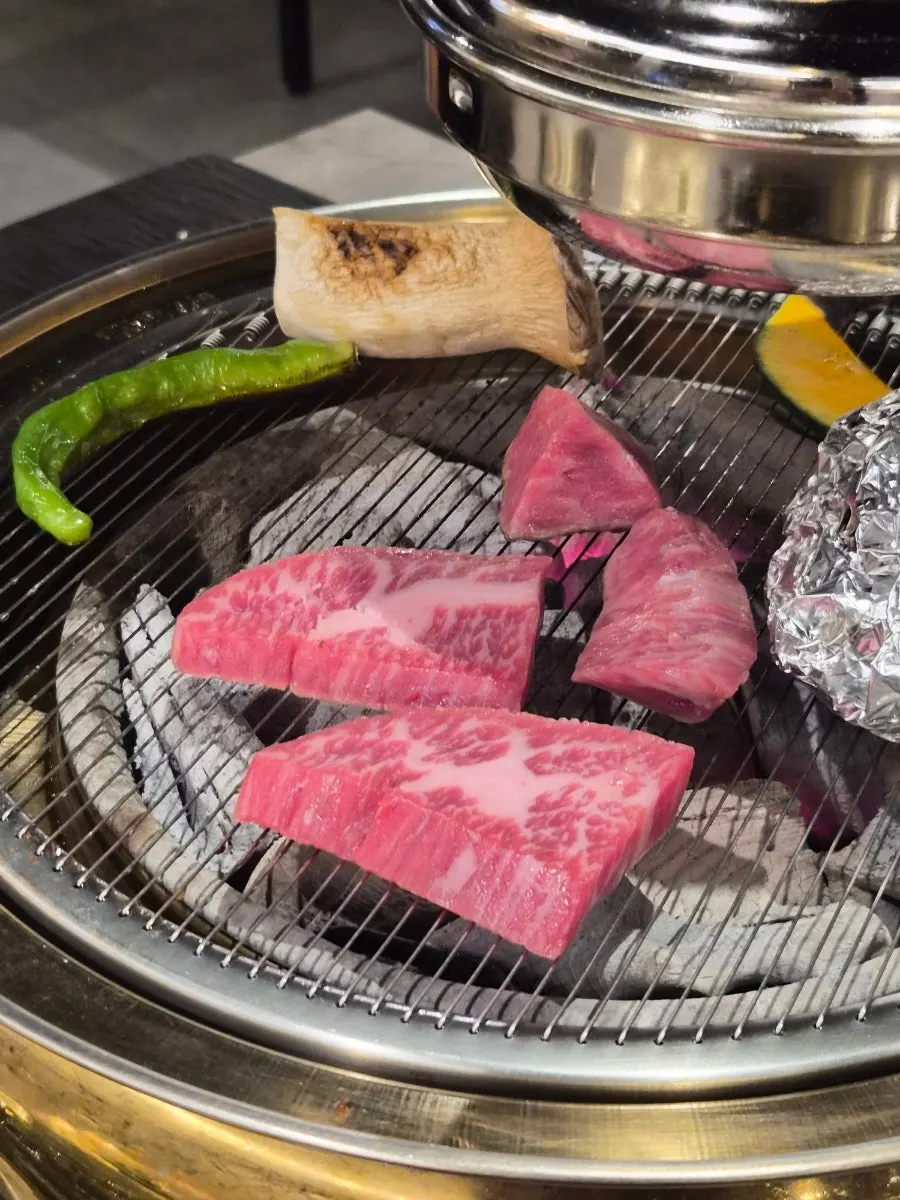 Different hanwoo cuts grilling over charcoal