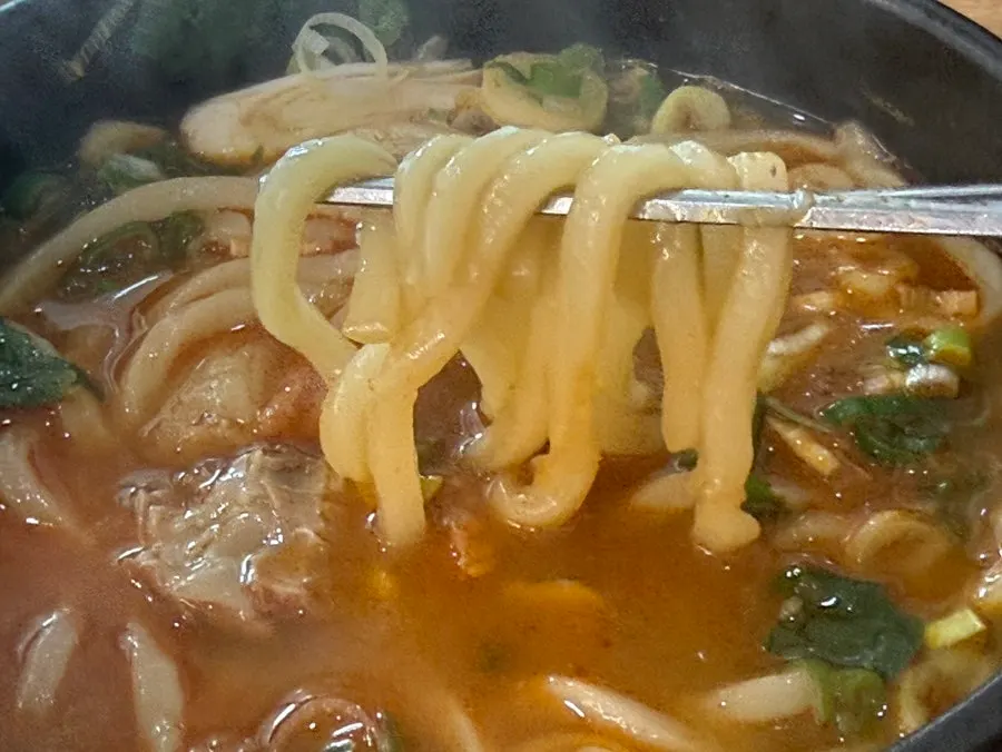 Udon noodles infused with beef bone broth