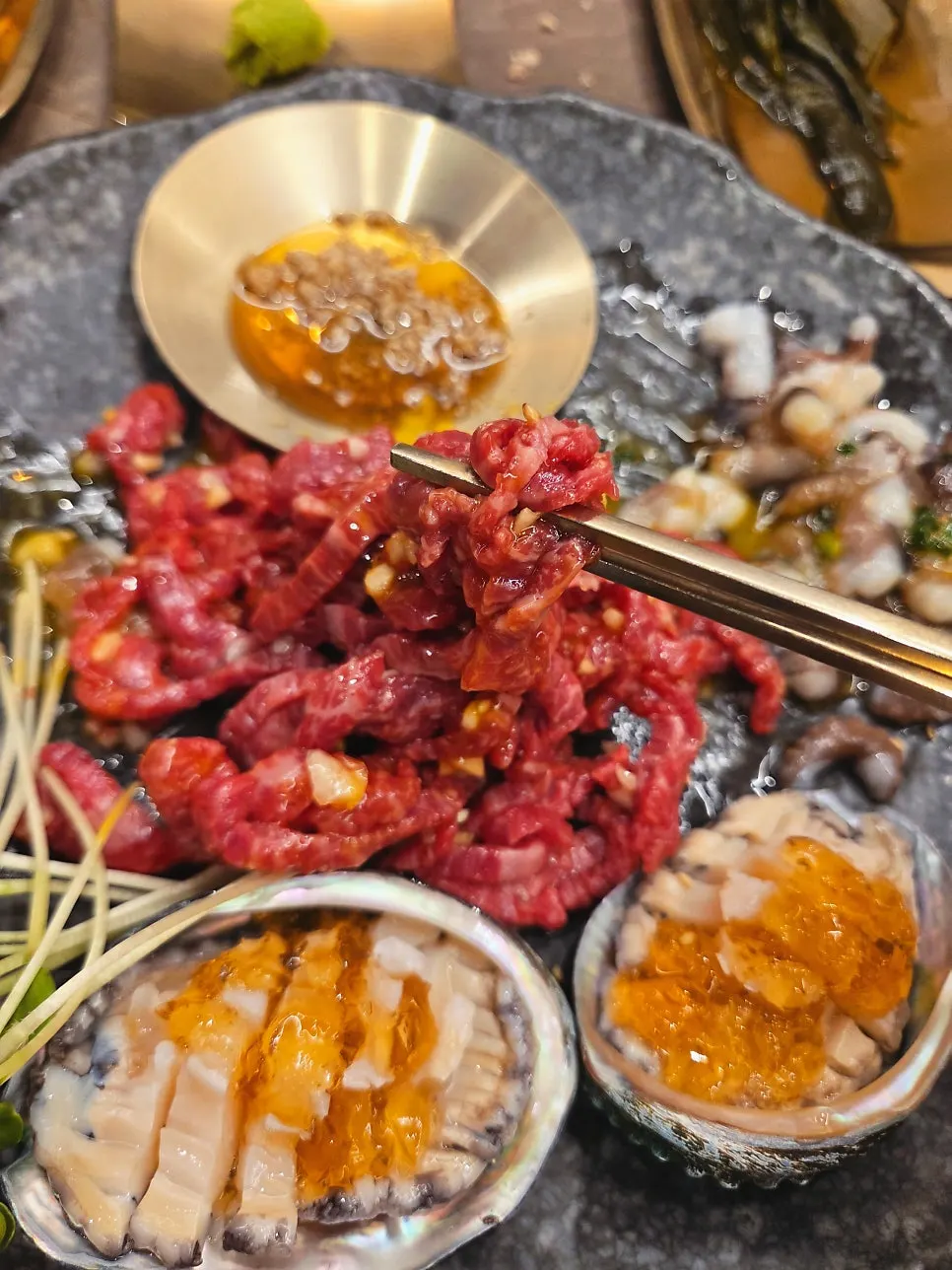 Close-up of the beef tartare in the yukhoe tangtang