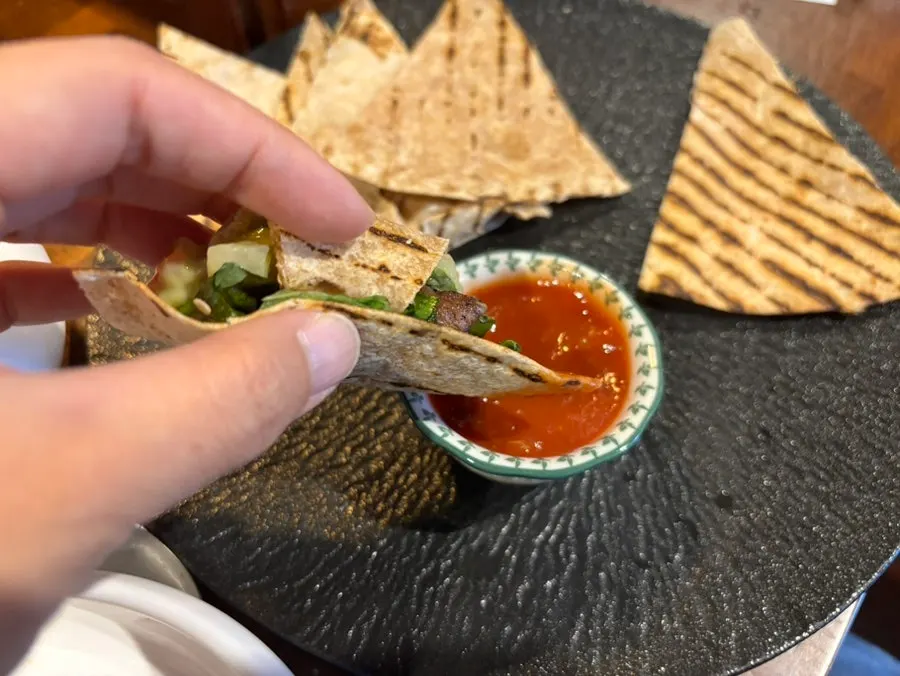 Tortilla filled with meat, salad, and guacamole