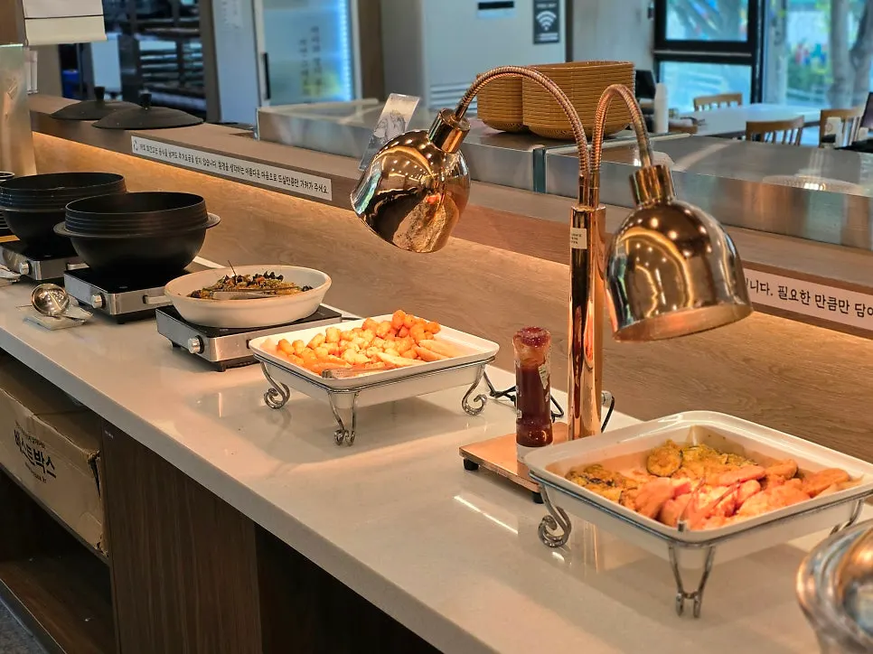 Self-serve corner set up in the center of the restaurant