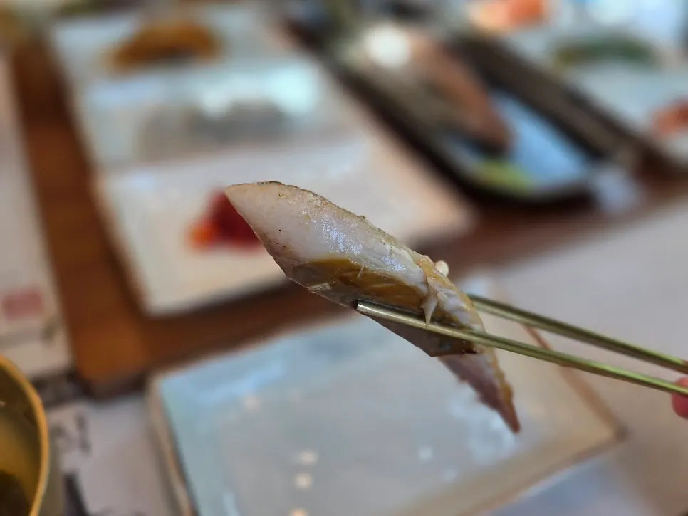 Moist flesh of the grilled mackerel