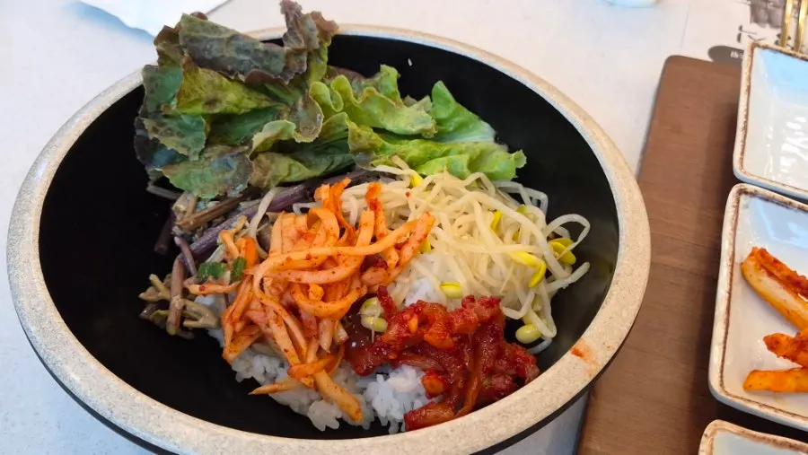 A bowl of bibimbap made from self-serve bar ingredients