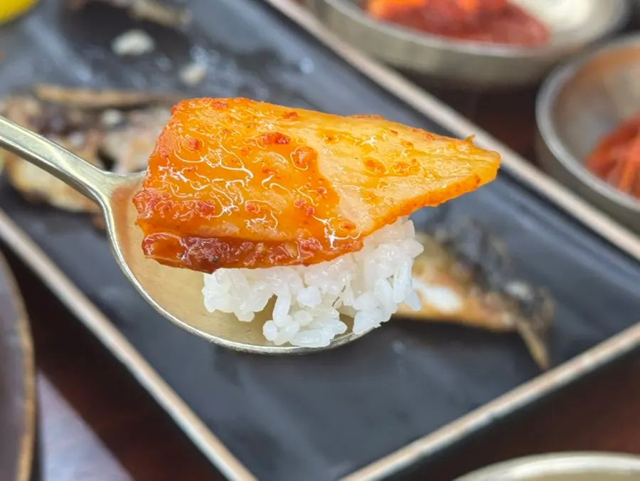 Braised mackerel with radish and kimchi