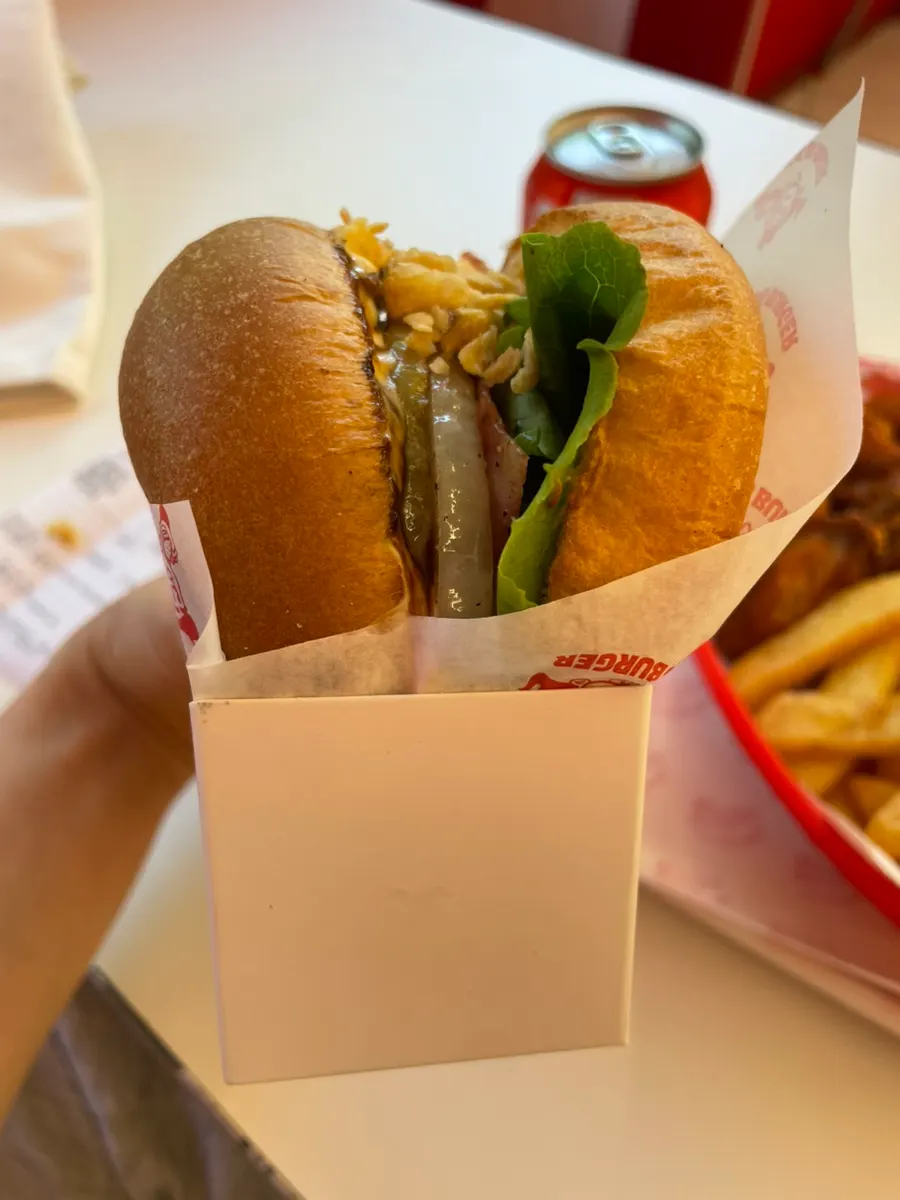 Cross-section of the Garlic Boom burger showing the fillings