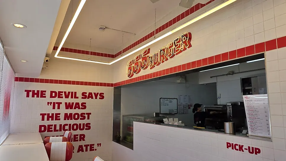 Single-item burger order lineup at 666 Burger Main Branch
