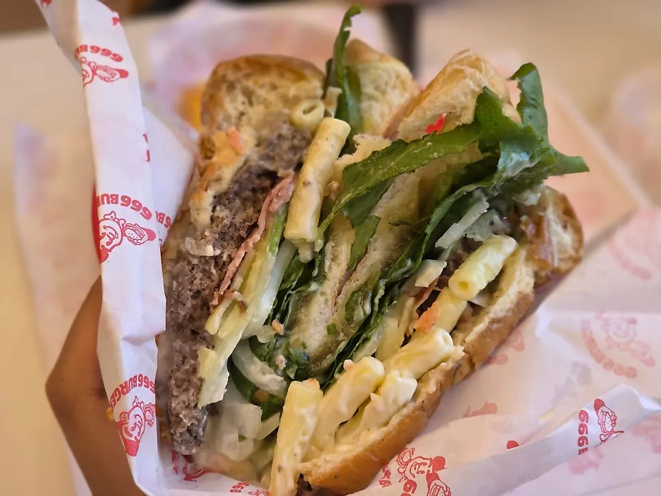 Cross-section of the Macaroni Burger and handmade patty