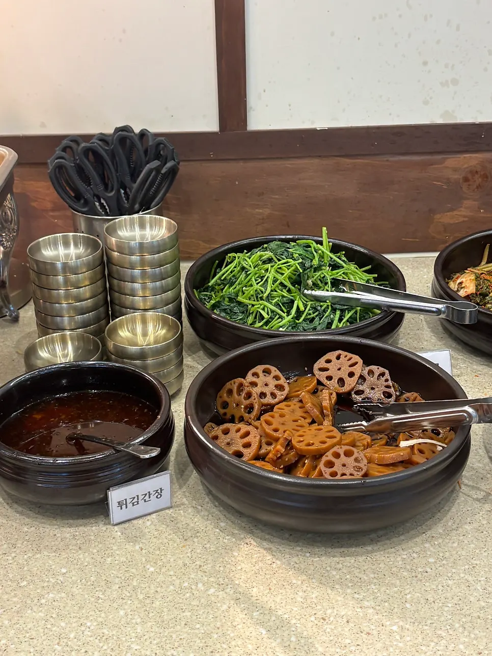 Warm banchan corner at Boriook's self-serve bar