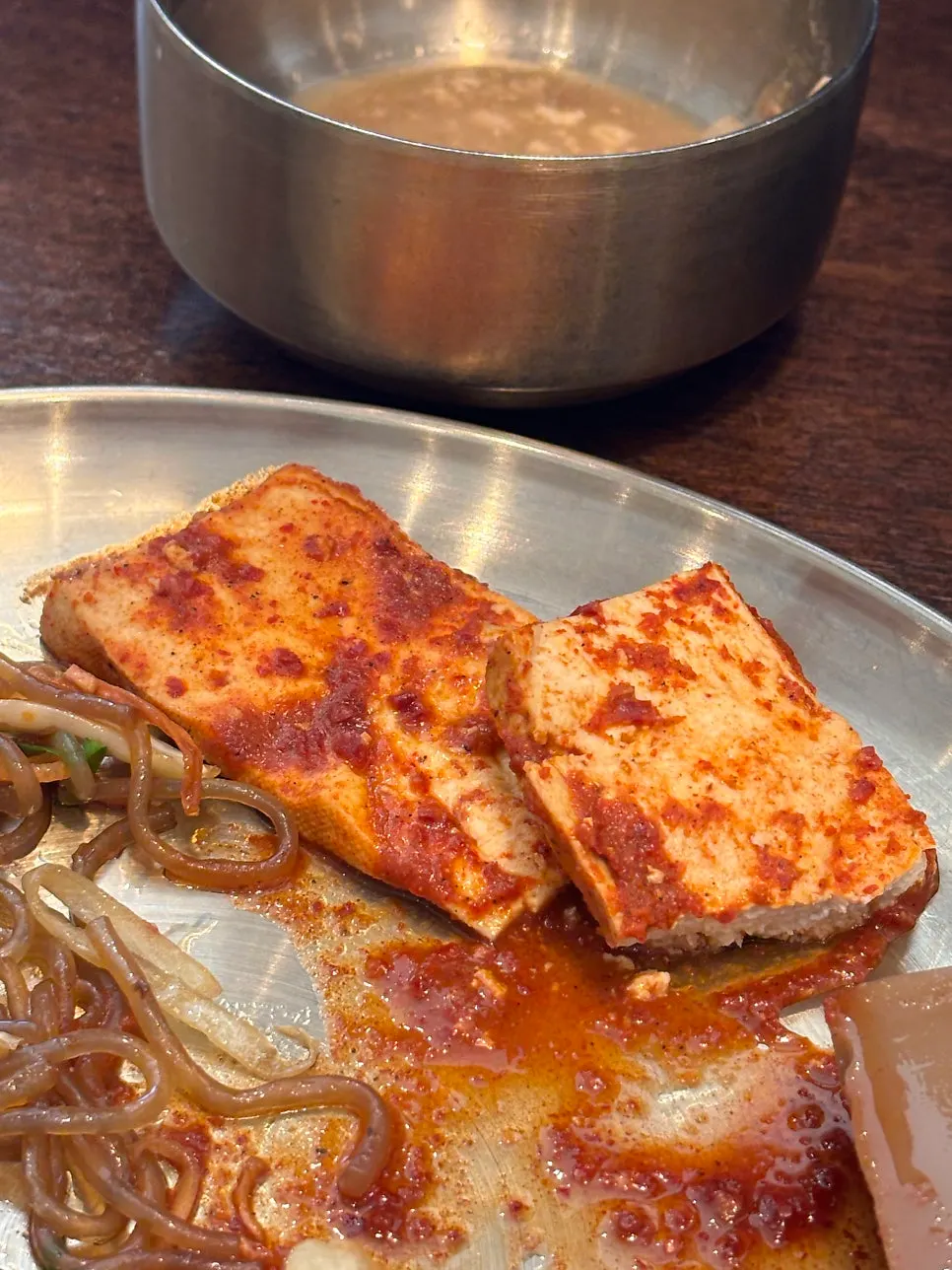 Plate of acorn jelly and lotus root fritters at Boriook