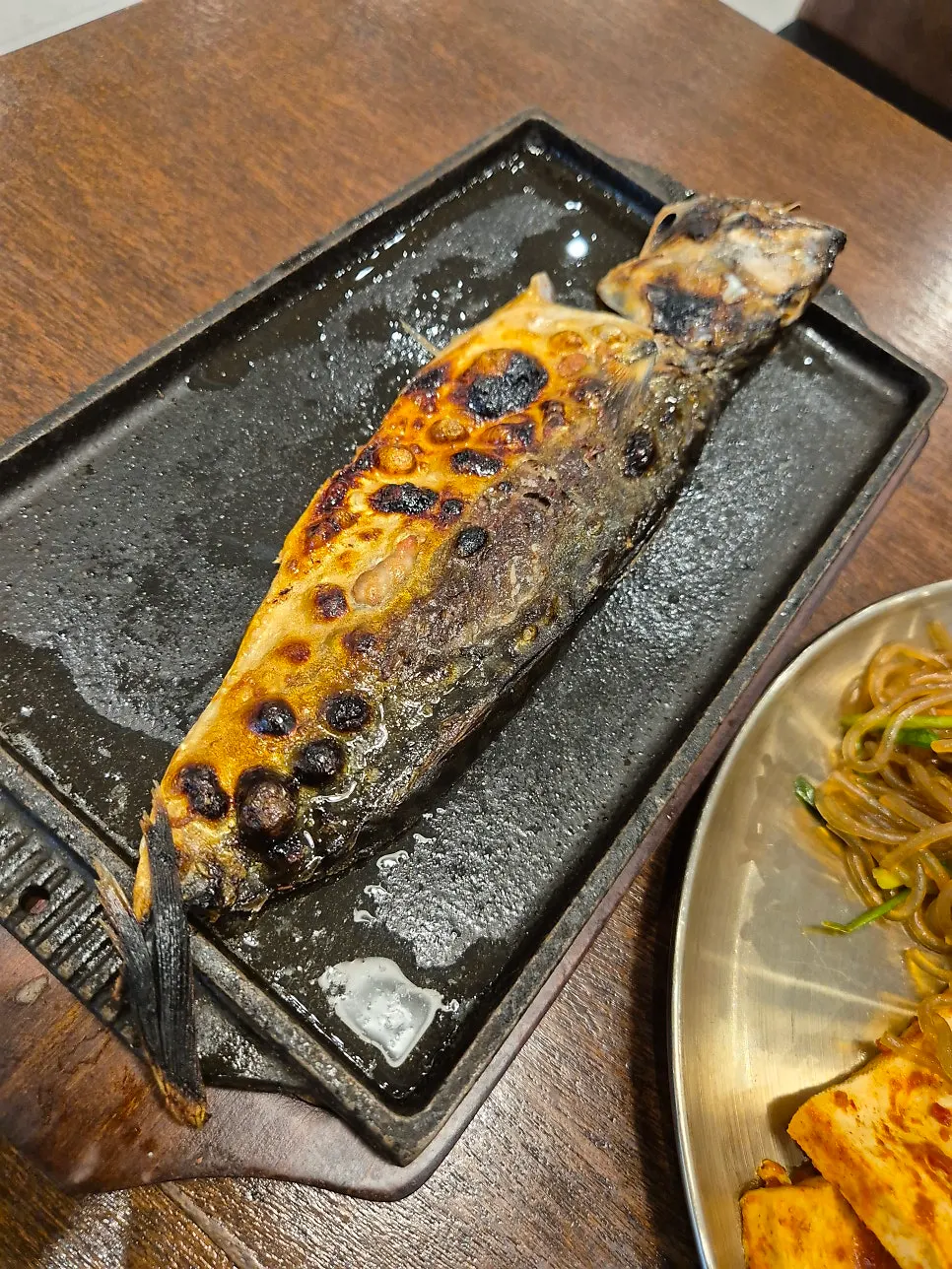 Grilled mackerel and doenjang stew meal spread