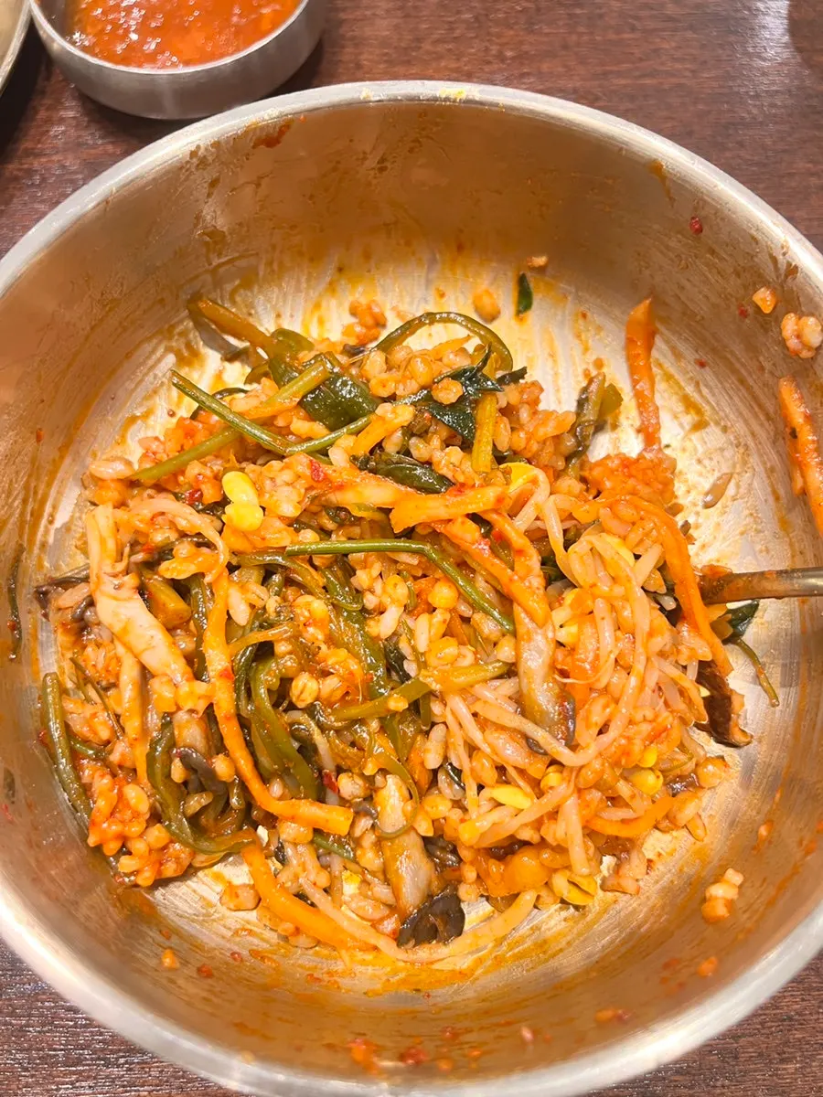Barley bibimbap mixed with gochujang