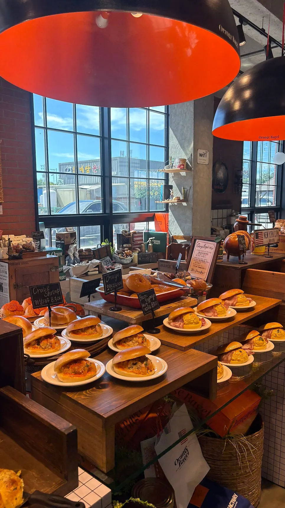 Bagel display case at Orange Bagel