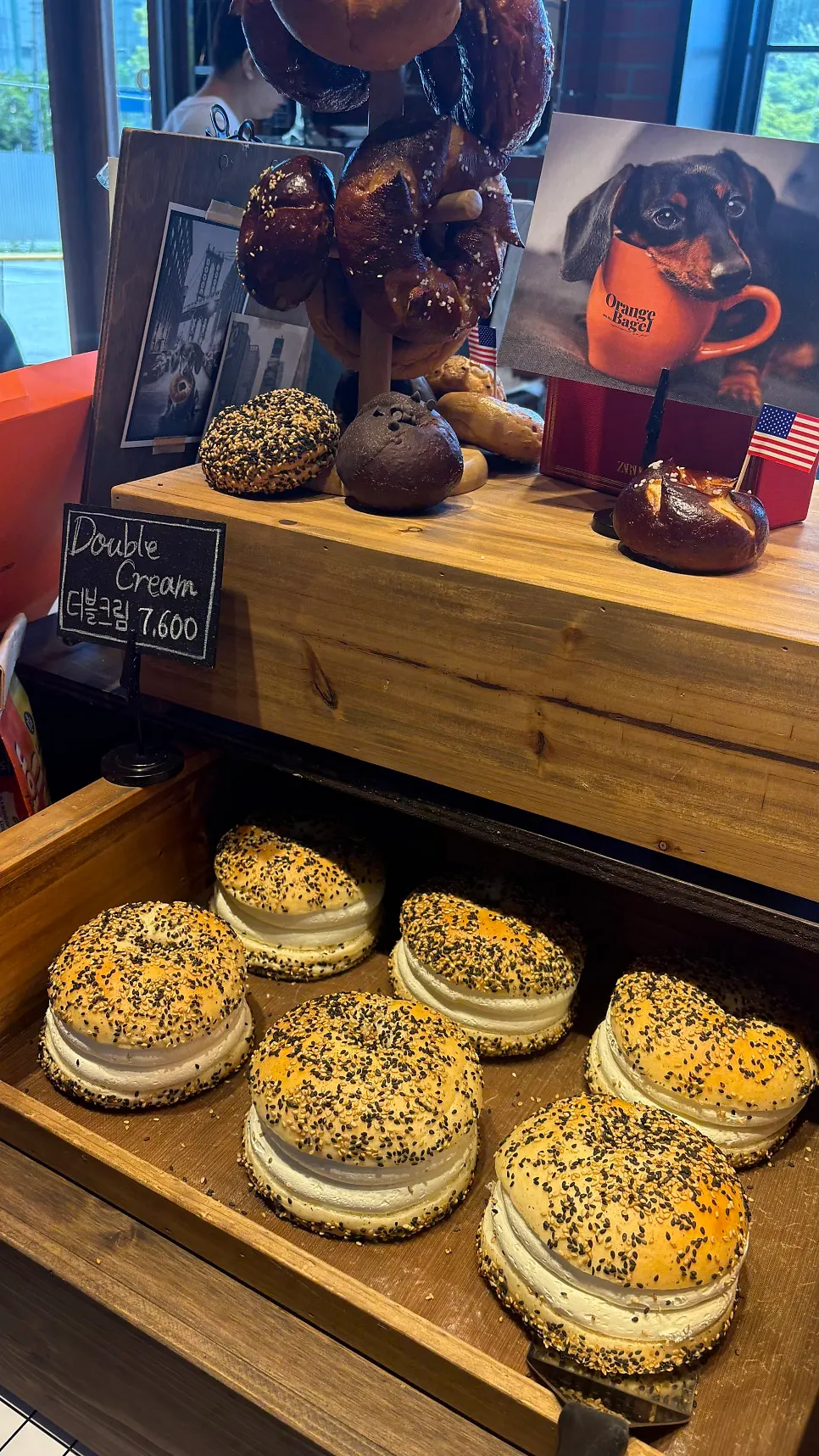 Bagel selection corner at Orange Bagel