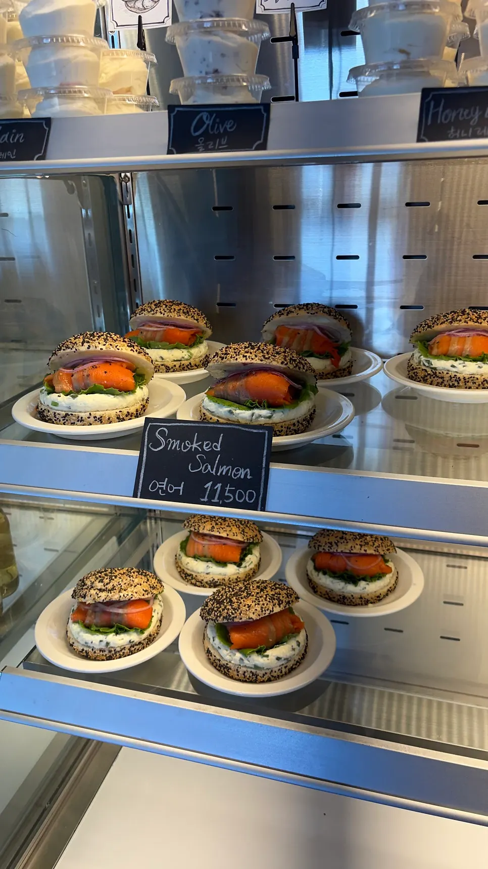 Display shelves and lighting at Orange Bagel