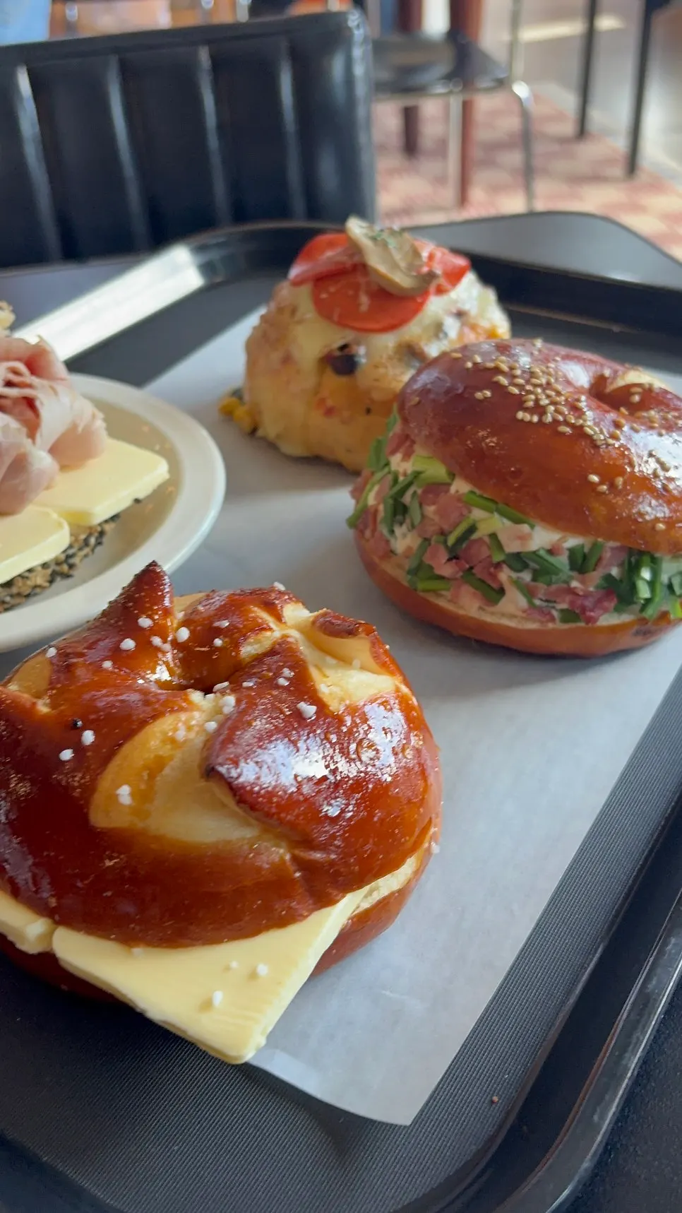 Table set with bagels and coffee together