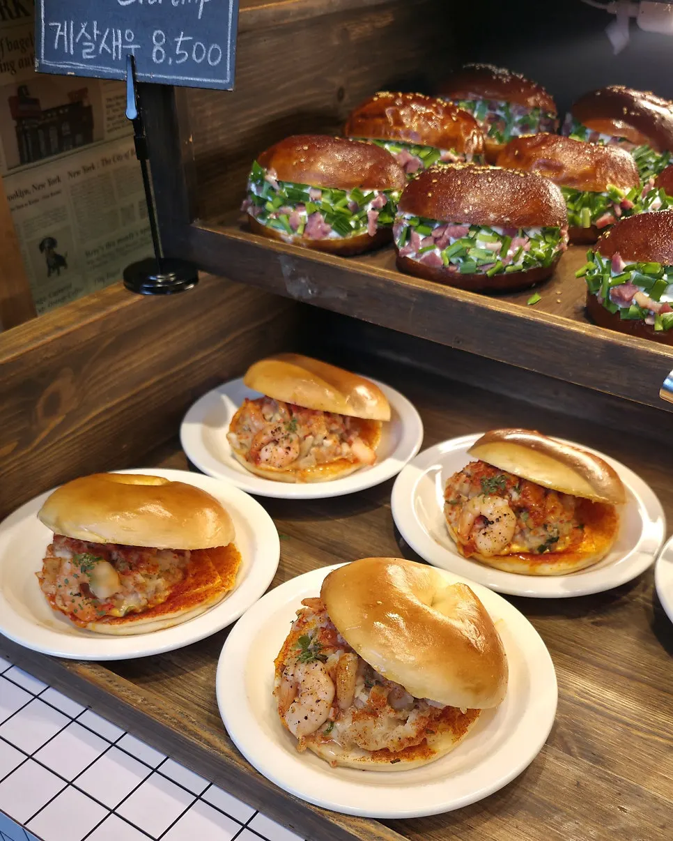 Various bagels laid out on display