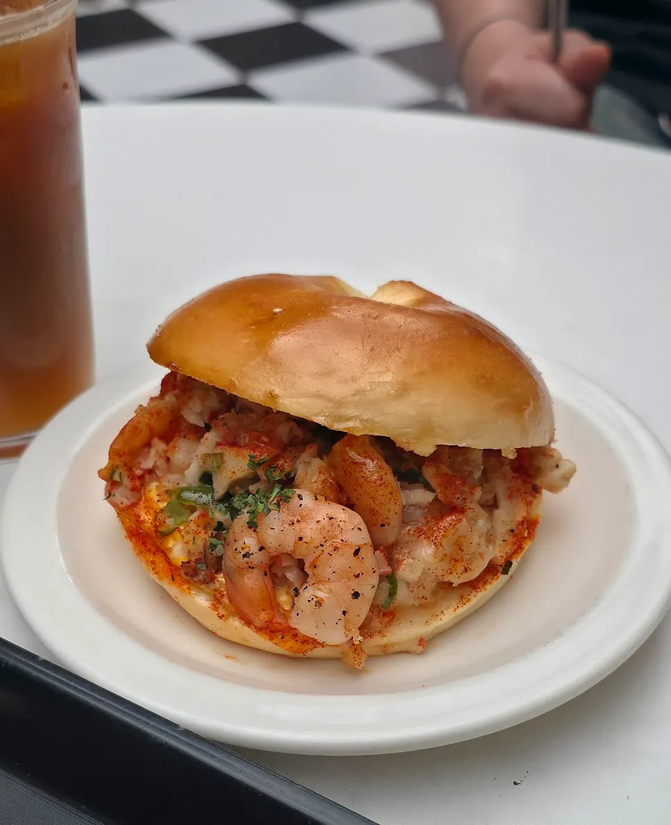 Crab & shrimp bagel loaded with crab meat and shrimp