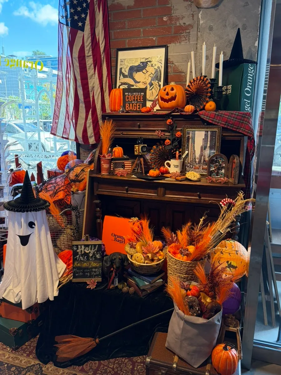 Orange Bagel store decorated for Halloween