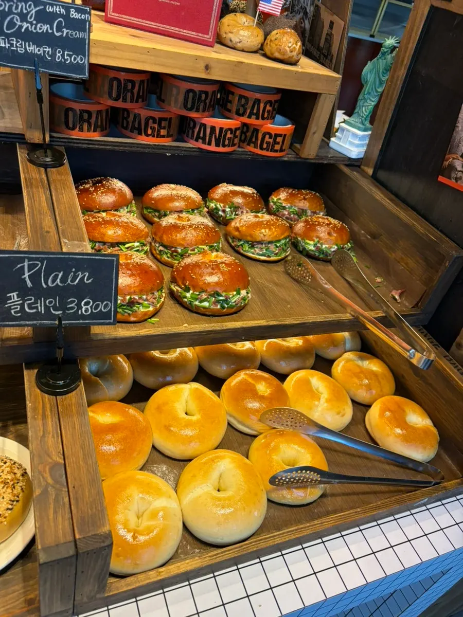 Display counter with various bagel types