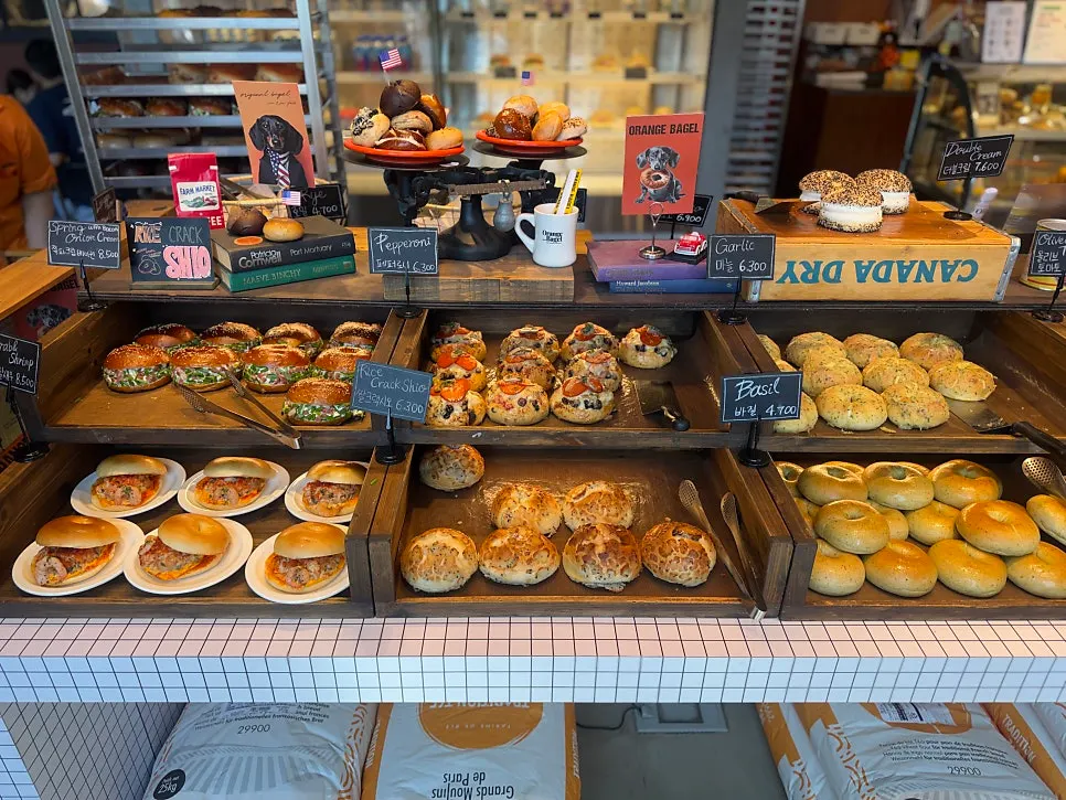 Bagels arranged on trays