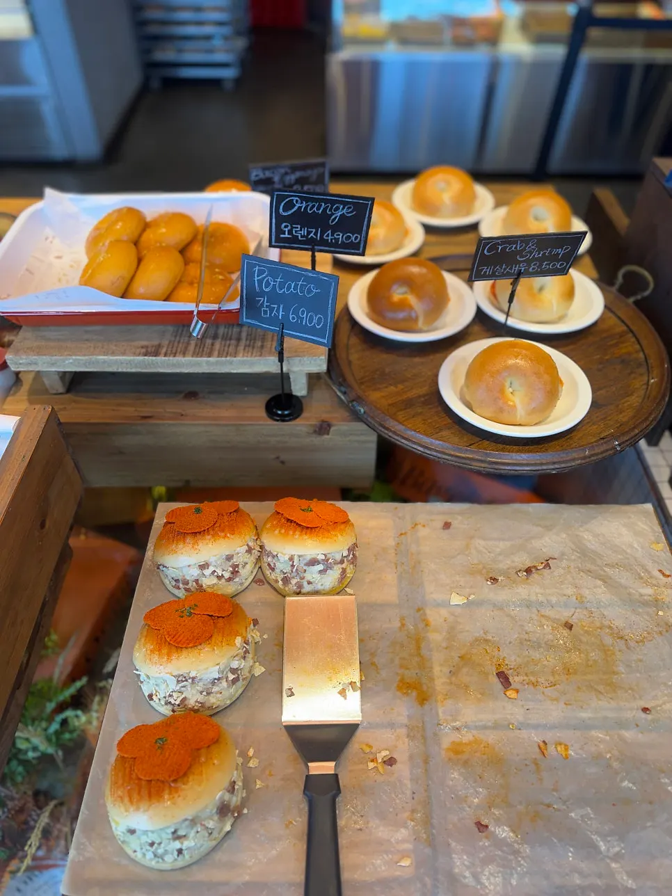 Vertical shot of the bagel display case