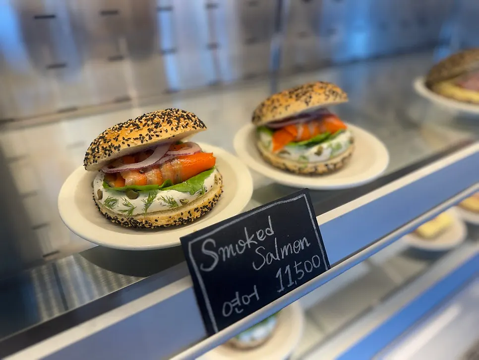 Display counter with over 20 bagel varieties