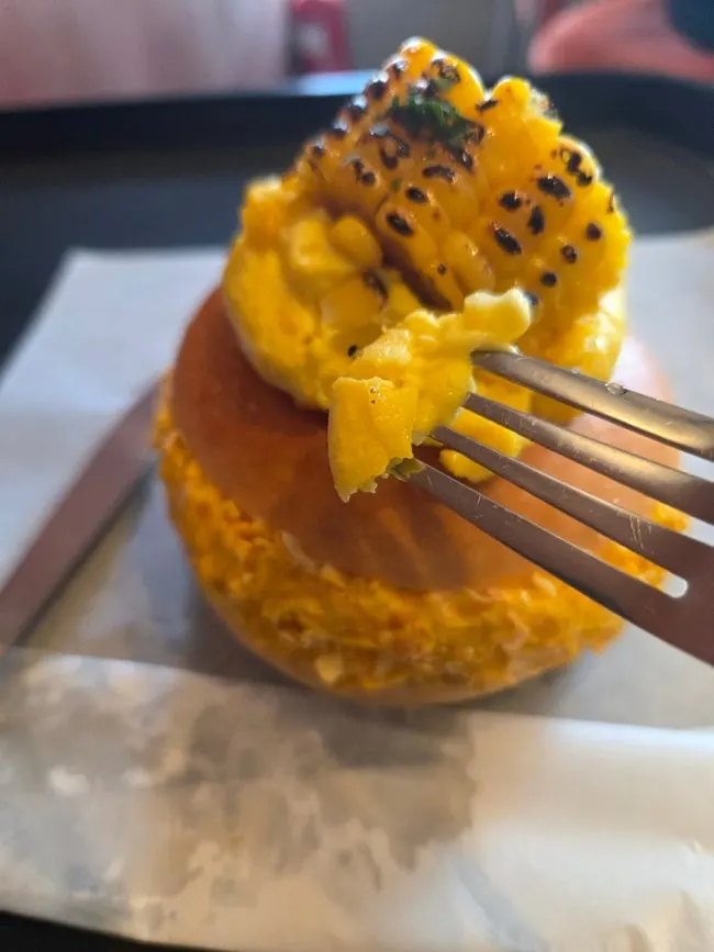 Cross-section of the corn bagel showing the corn filling