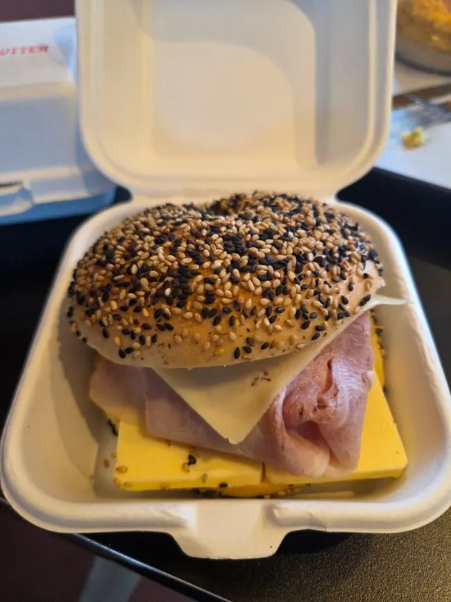 Close-up of the jambon-beurre bagel eaten at home