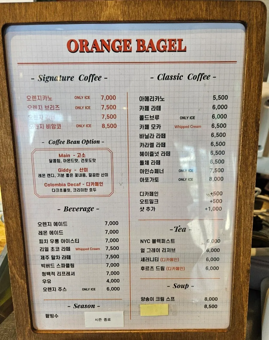 Drink menu board listing coffee, lattes, and ades