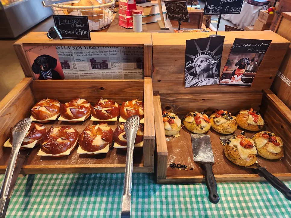Bagel display case at Orange Bagel