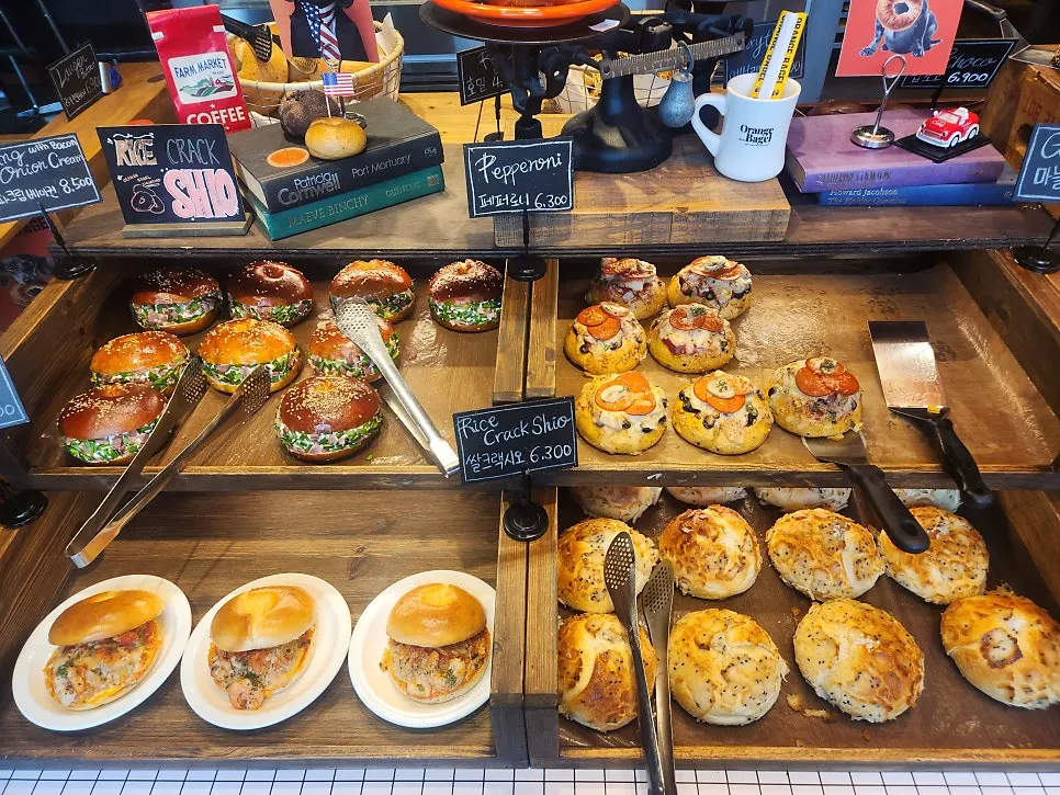 Close-up of bagels displayed at Orange Bagel