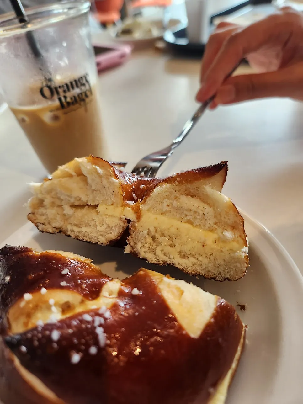 Cross-section of the Laugen butter bagel with butter soaked in