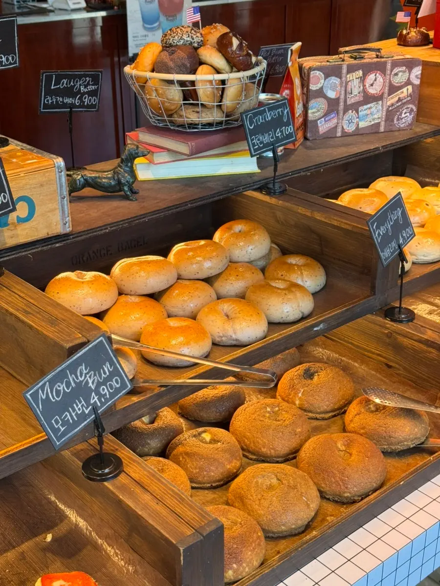 Bagel menu display counter at Orange Bagel