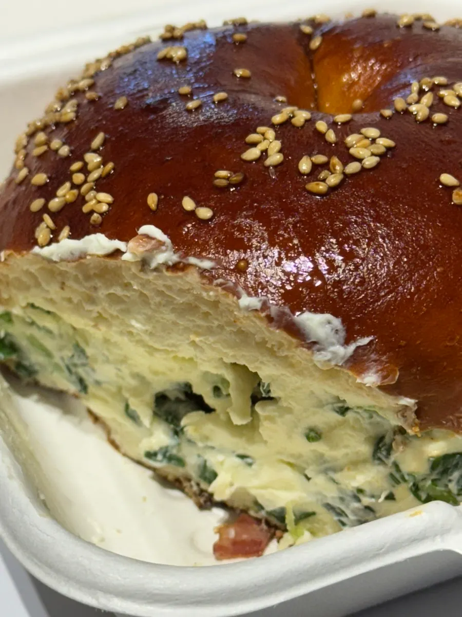 Potato bagel packed to go from Orange Bagel