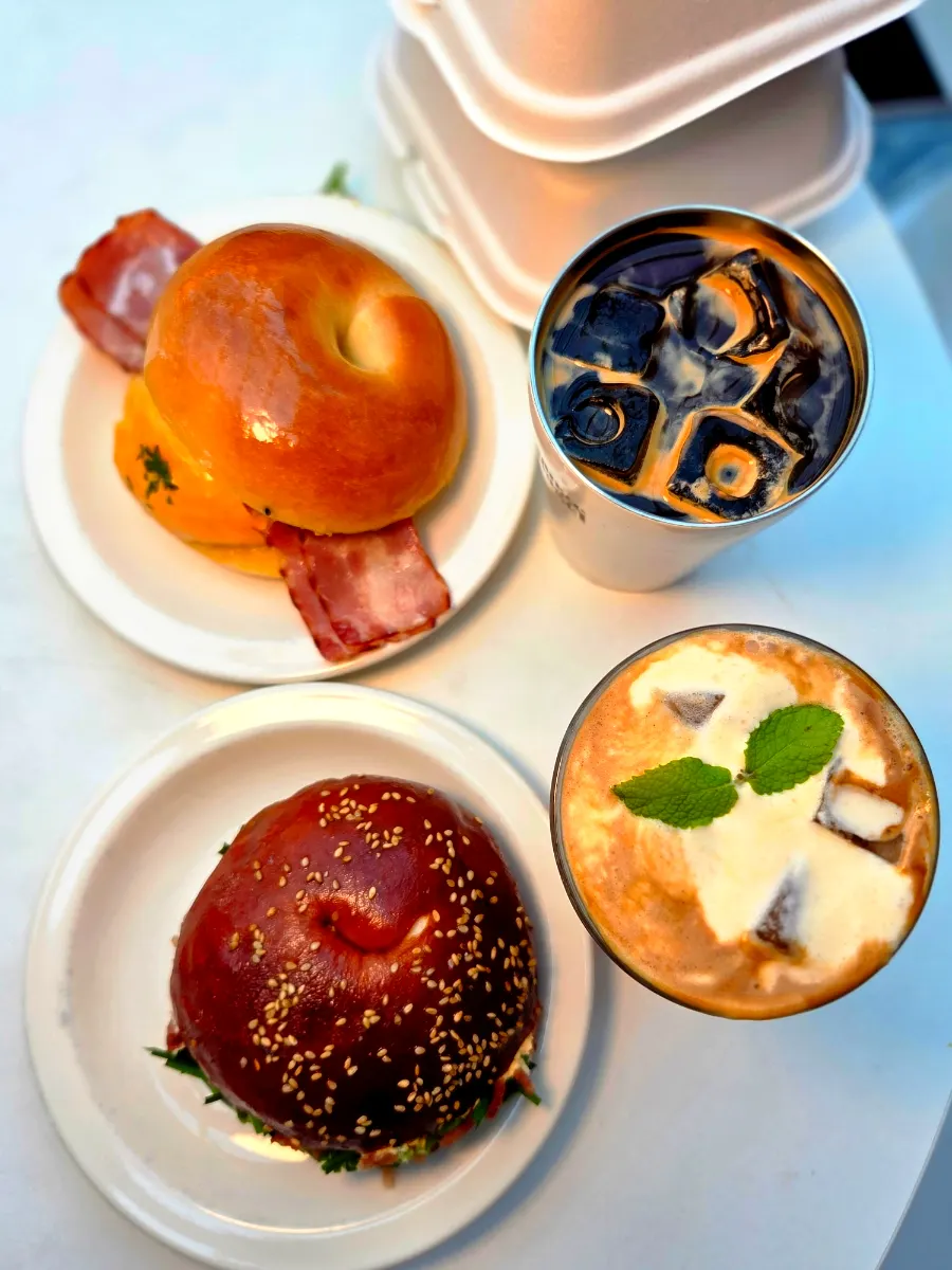 Bacon egg mayo and scallion cream bacon bagels
