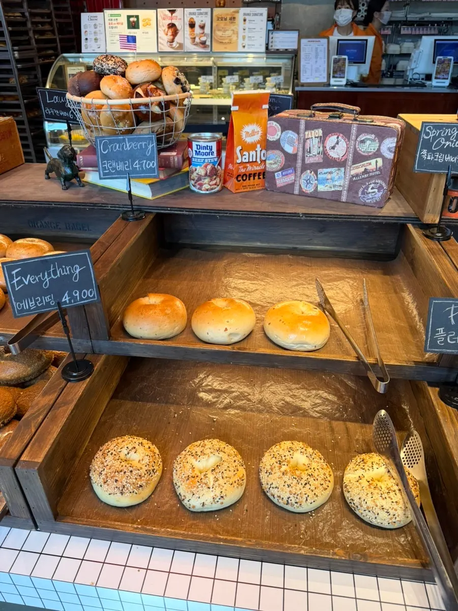 Bagel display corner at Orange Bagel