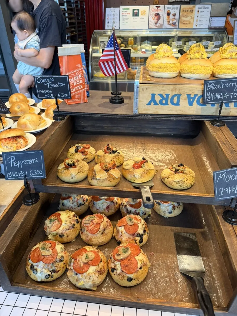 Bagels displayed with name tags