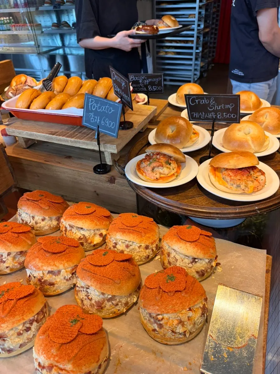 Close-up of the Orange Bagel display case