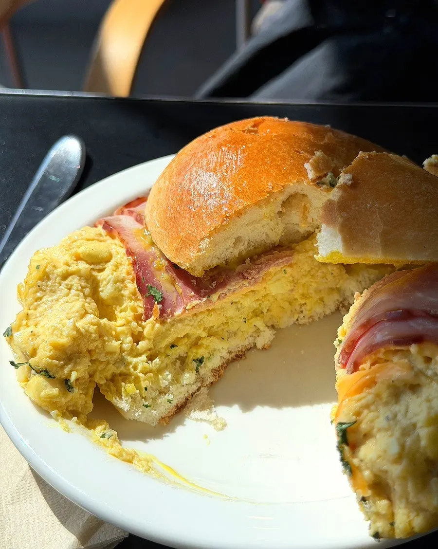 Bacon egg mayo bagel packed full of egg mayo