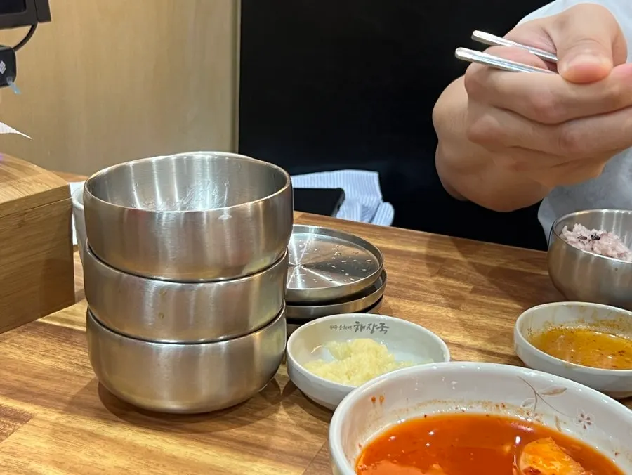 A meal with several bowls of rice