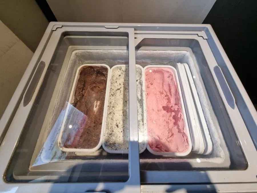 Chocolate, cookie, and strawberry ice cream