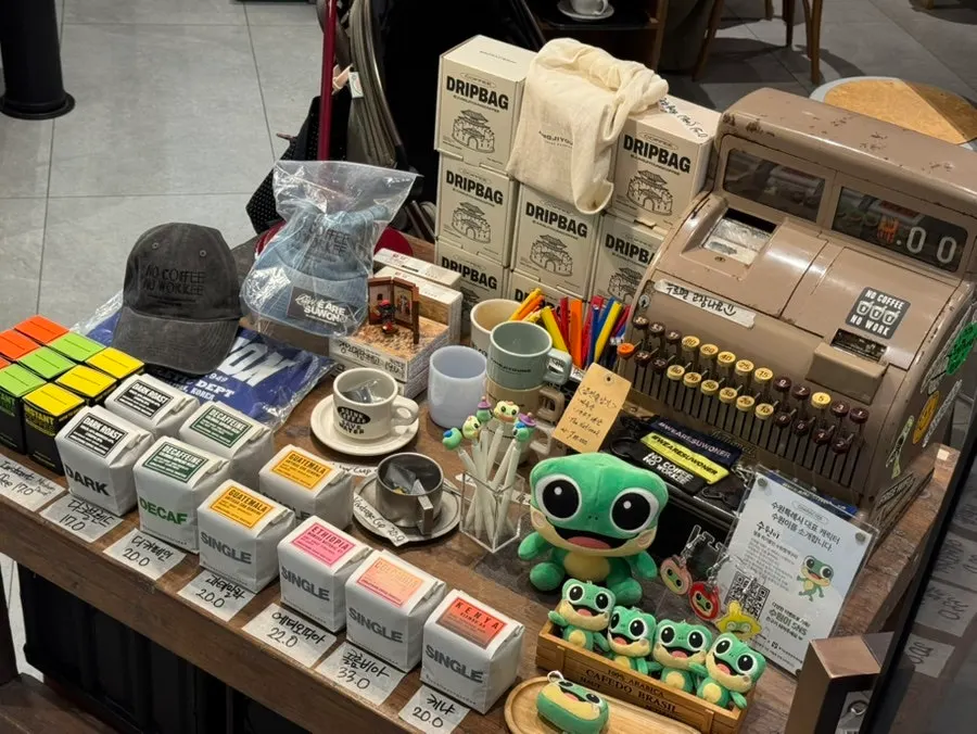 Merchandise corner on one side of the café