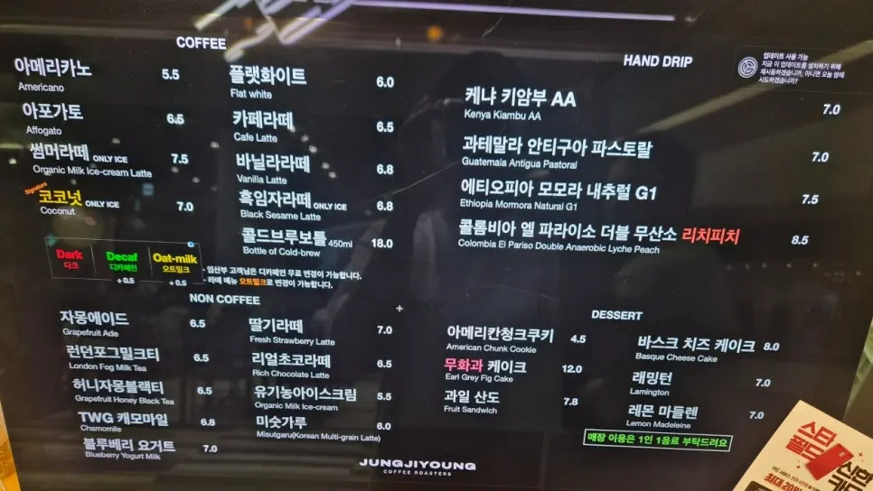 Menu board listing coffee, lattes, and non-coffee drinks
