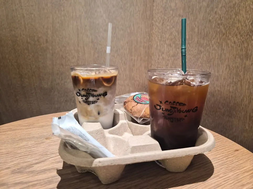 Two decaf drinks and a cookie on the table